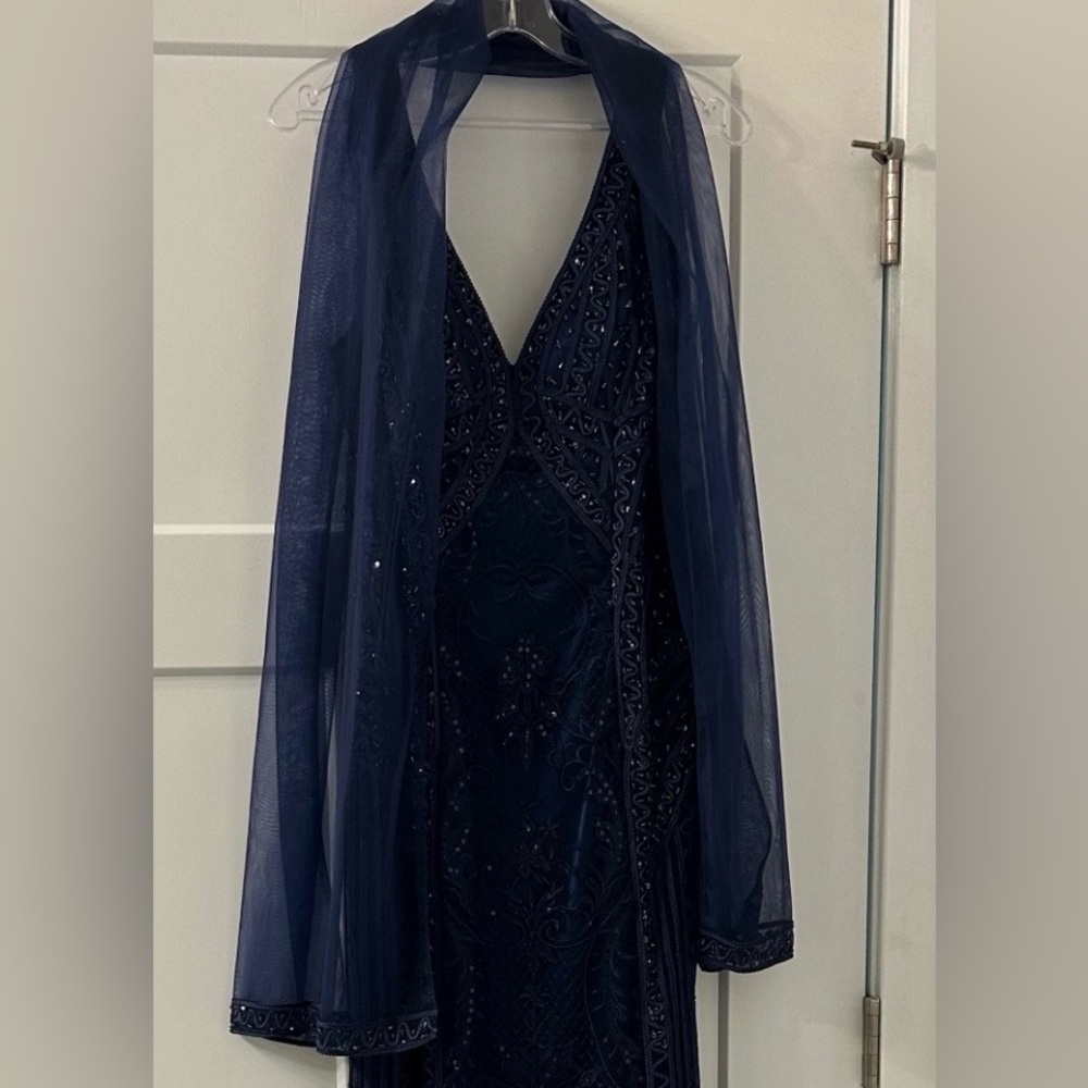 Montage by Mon Cheri Navy Blue Beaded V-Neck Evening Gown MOBride / MOGroom - Picture 6 of 7